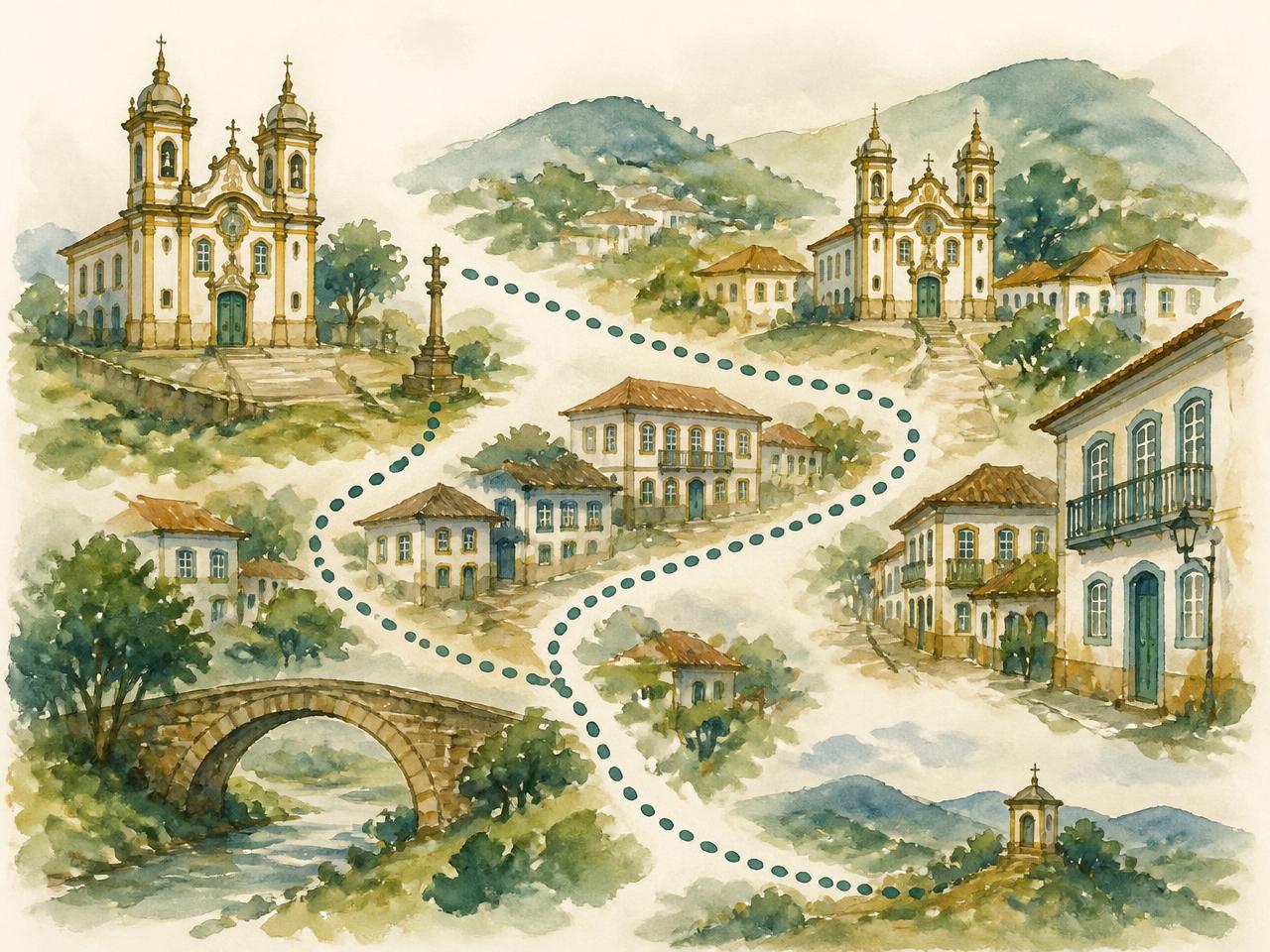 Ilustração em aquarela do roteiro turístico de Ouro Preto